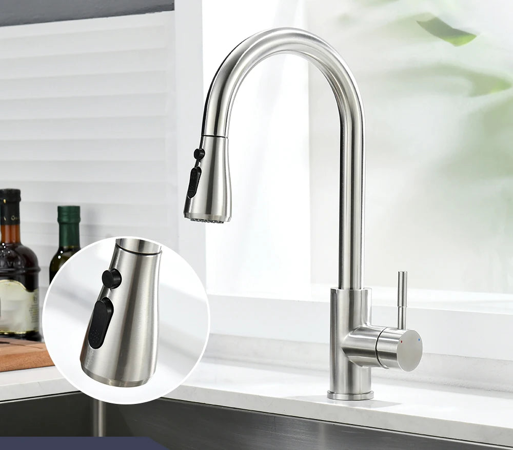 304 Stainless Steel Pull Out Kitchen Faucet 360 Rotate Shower/Stream Sprayer Head Mixer Hot and Cold Water Tap Deck Mounted
