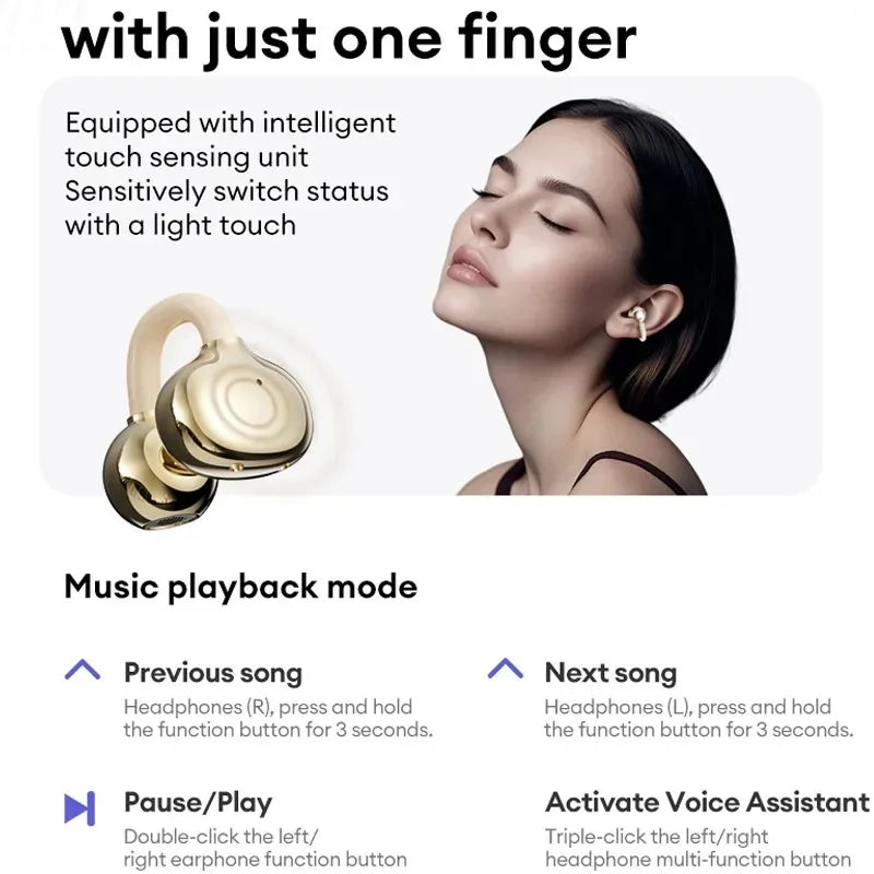 Lenovo LE302 Open Ear Clip On Earbuds Bluetooth 6.0 Wireless Headphones ENC Noise Reduction HIFI Stereo 25H Touch Control