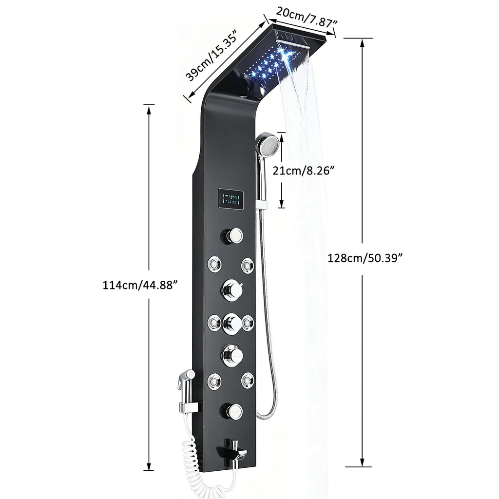 Black Nickel LED Shower Panel Six Functions Shower Column Rain Waterfall Shower Massage Spa Jets Tub Shower With Bidet Bath Taps