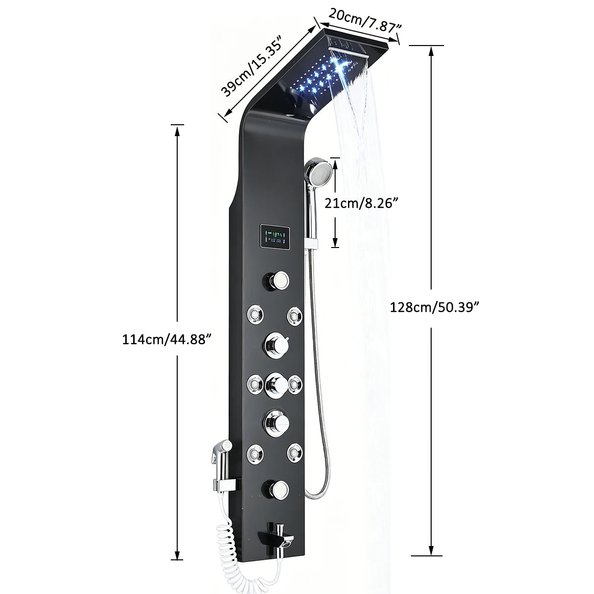 Black Nickel LED Shower Panel Six Functions Shower Column Rain Waterfall Shower Massage Spa Jets Tub Shower With Bidet Bath Taps