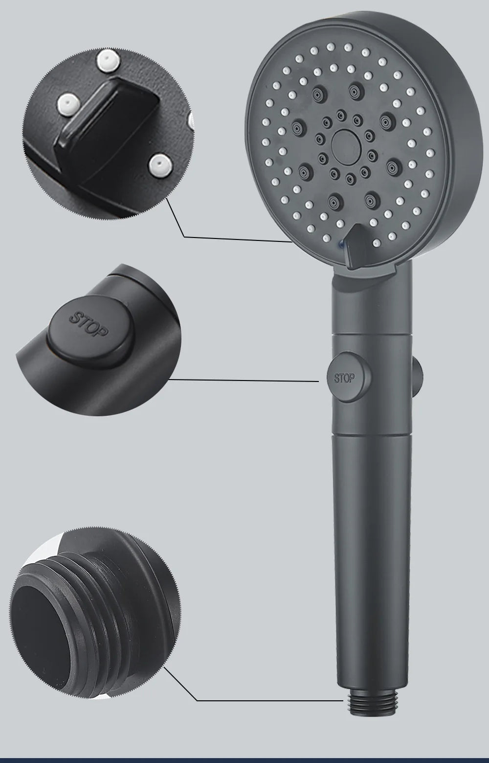 ZhangJi 2025 New 5-Function Shower head with Stop button 10cm Big Panel Silicone gel Hole Easy Cleaning Bathroom Nozzle Sprayer