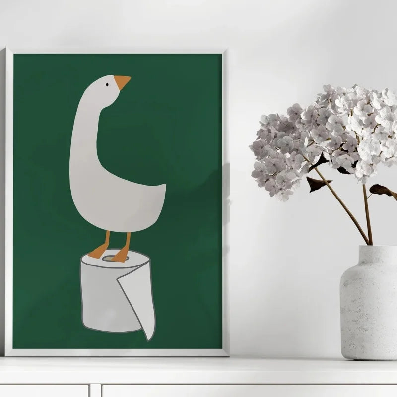 Bathroom Wall Decor, Silly Goose Bathroom Art Print , Toilet Paper, Bathroom Kids Art, Dark Green Nursery Decor, Toilet Art