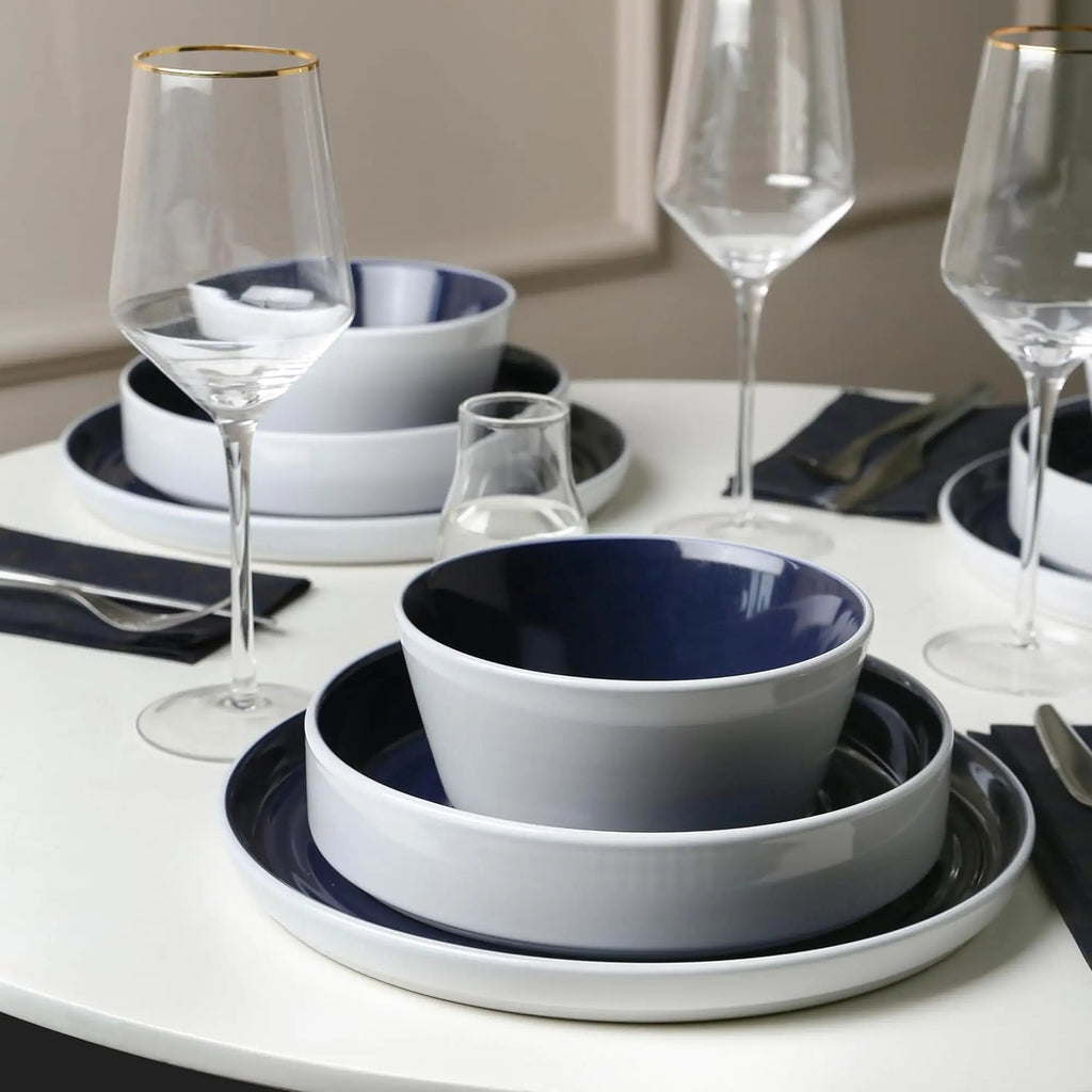 12-Piece Modern Dinnerware Set Stoneware, Plates and Bowl Sets for 4, Navy and White