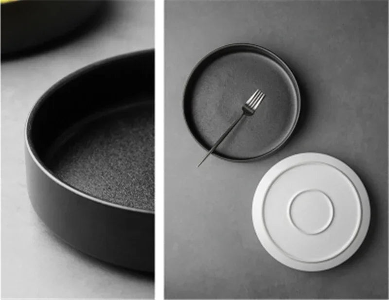 Simple black and white deep plate soup plate Western dish round dish salad plate frosted ceramic large baked household