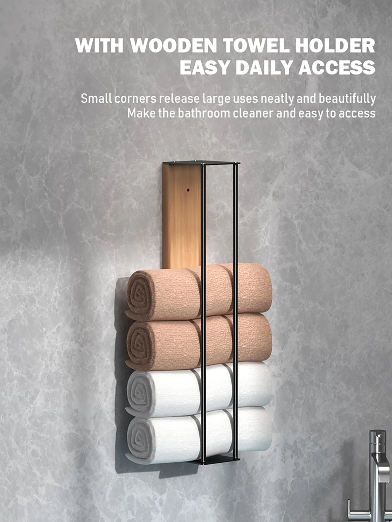 Bathroom wall mounted towel rack, bathroom decorative towel rack, towel hanging rack, roll towel storage, no drilling required