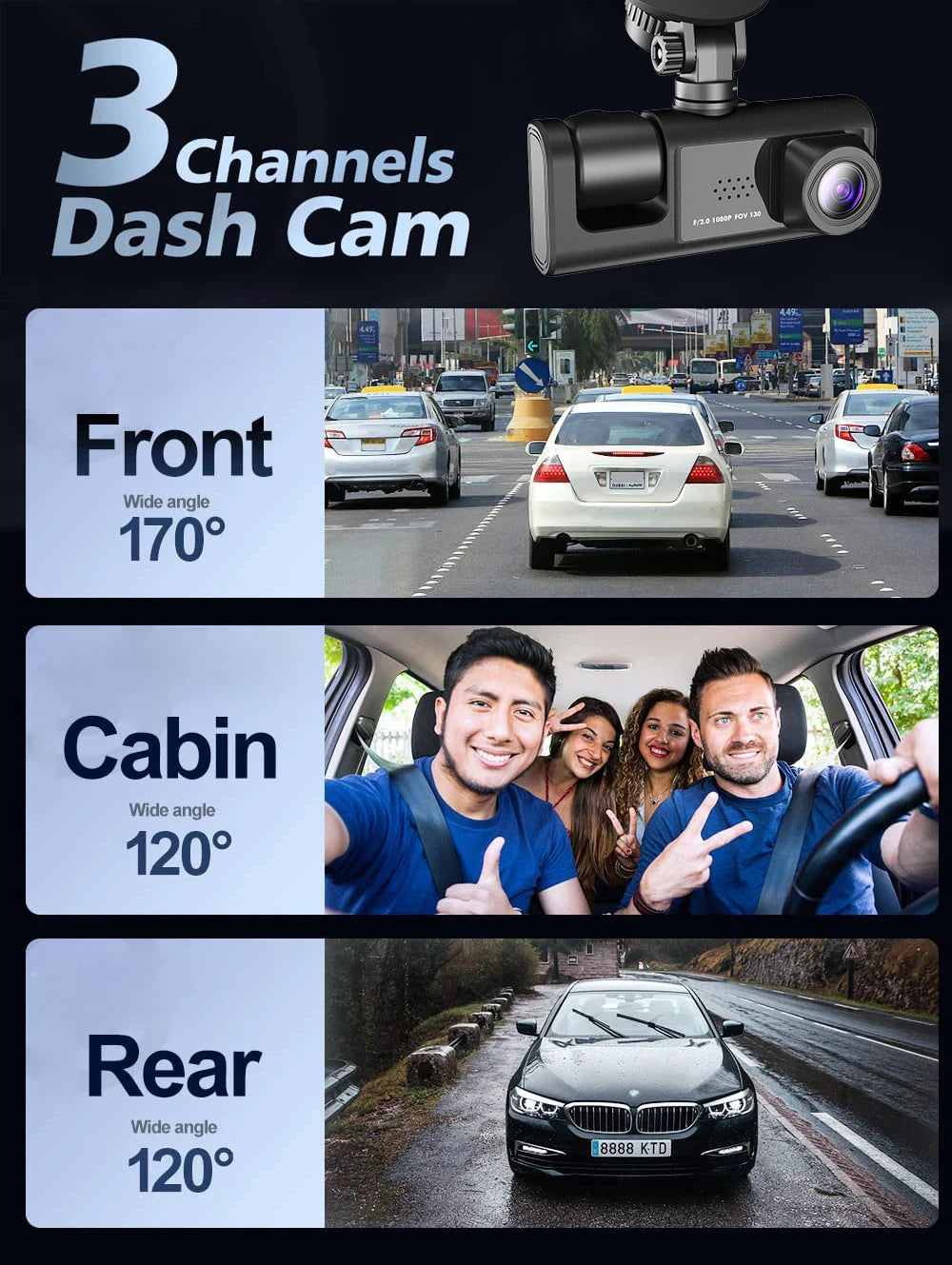 3 Channel Dash Cam HD 1080P 3-Lens Inside Vehicle  Car DVR Three Way Camera DVRs Recorder Video Registrator Dashcam Camcorder
