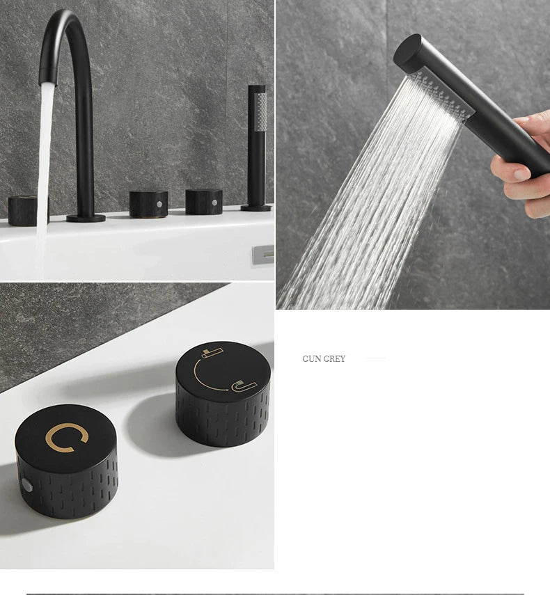 Gray Luxury Brass Deck-Mounted 5-Holes Bathroom Bath Tub Rotating Faucet Mixer Bathtub Basin Water Tap With Spray 3 Handles