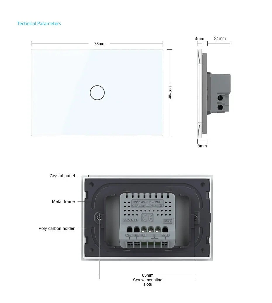 New Livolo US/AU Fashion Electrical Touch Screen Switches 1 Gang 2 Way Wall Light Switch Tempered Crystal Glass Panel,110V-240V