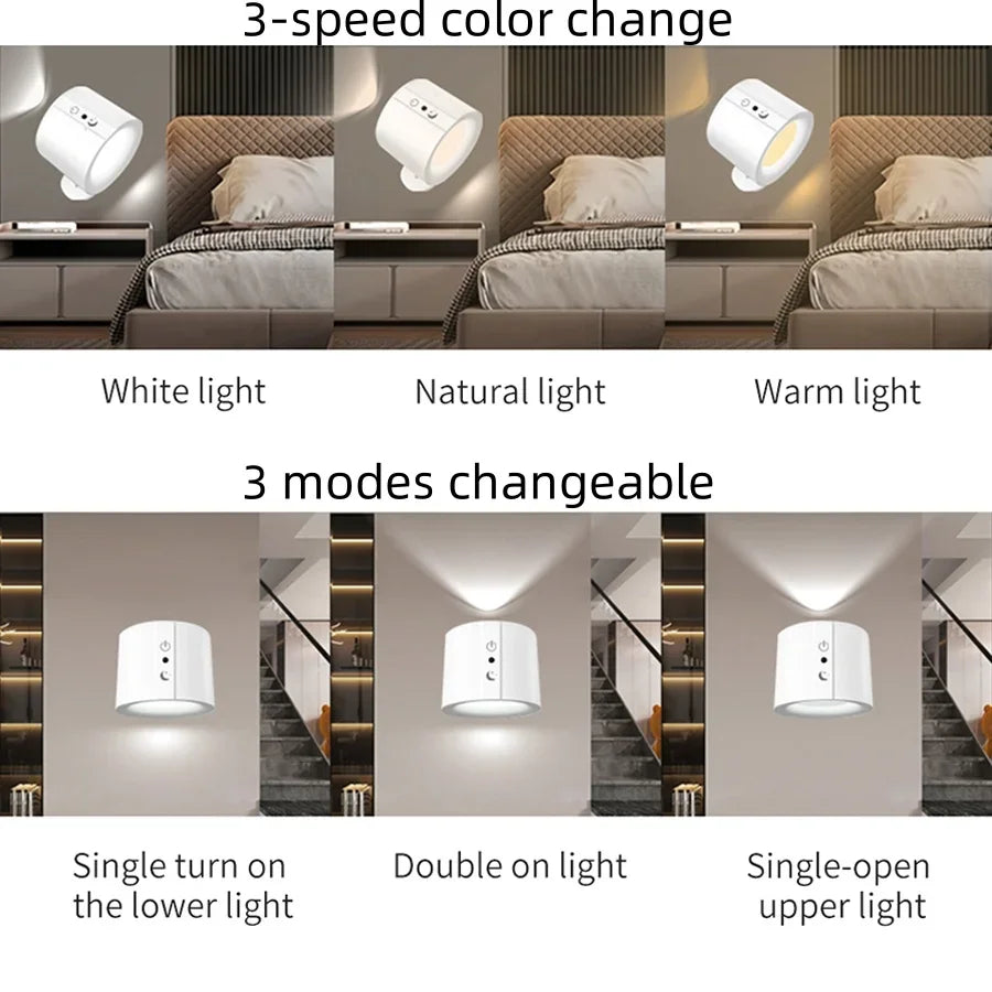 LED Wall Light Rechargeable Touch Double Head Wall Lamp 360 Rotatable 3 Colors Sconces Light Wireless Night Lights For Bedroom