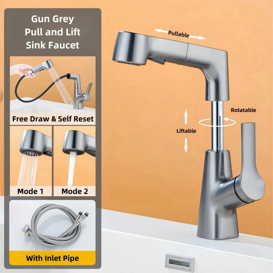 Bathroom Sink Faucet with Pull Out Sprayer Single Handle Single Hole 2 Spray Modes Bathroom Faucet Hot & Cold Water Mixer Tap