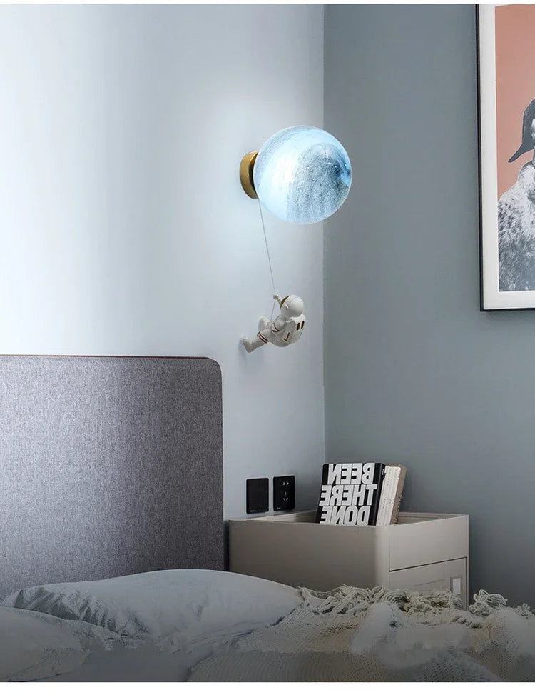Modern Astronaut Wall Lamp Natural Alabaster Planet LED Sconce Kids Bedroom Astronaut Nursery Decor