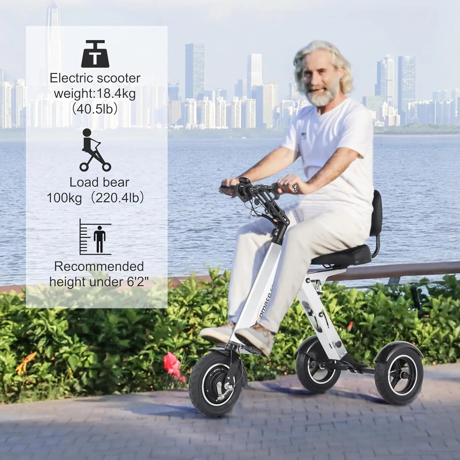 ES35 Powered Scooter 3 Wheels Foldable Trike with Backrest Seat for Adults, Lightweight Electric Scooter with, Customized