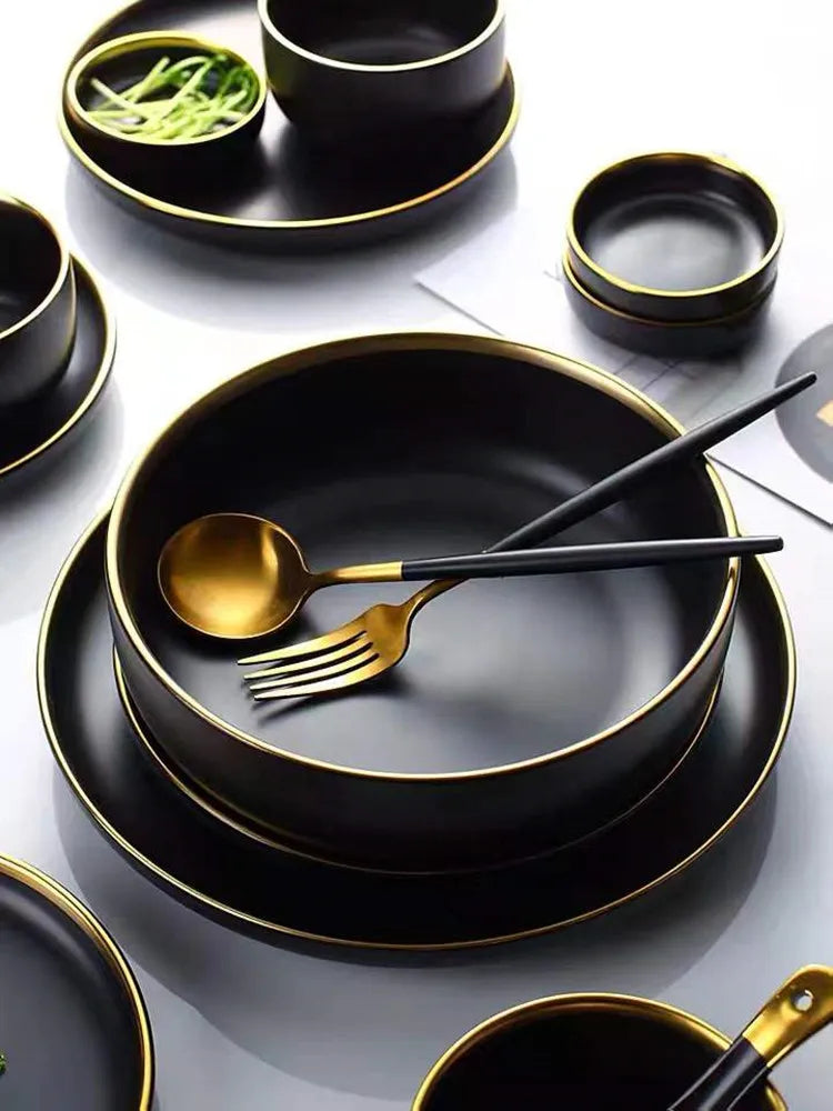 For1/ 4/6/8 Personal Black Porcelain Dinner Plates Set Ceramic Tableware Food Dishes Rice Salad Noodles Bowl Wiht Cutlery Set