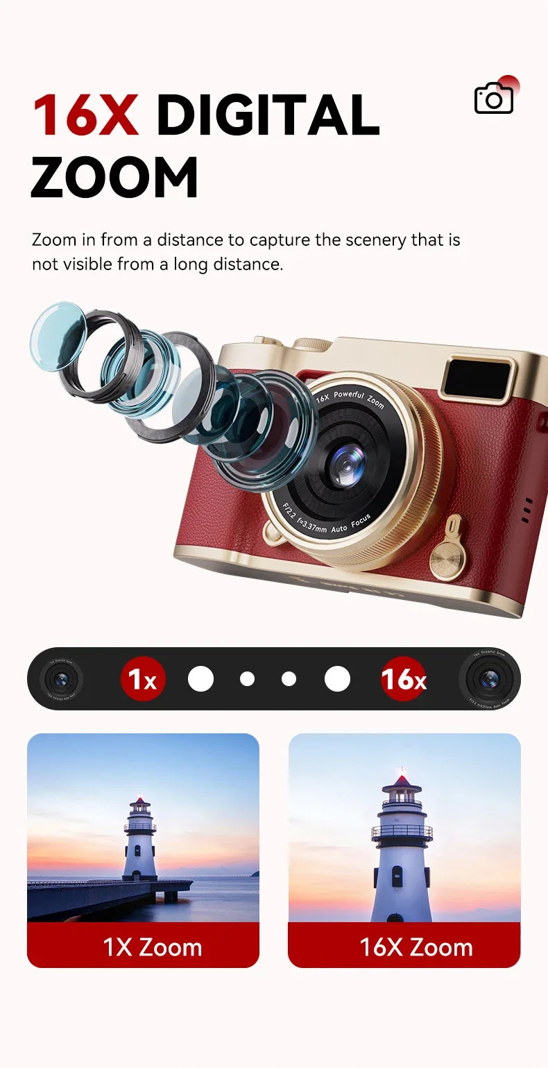 4K Flip Screen CCD Digital Camera 16X Zoom 1080P HD Vlogging Camera Travel Portable Digital Camera with Autofocus Beauty Filter