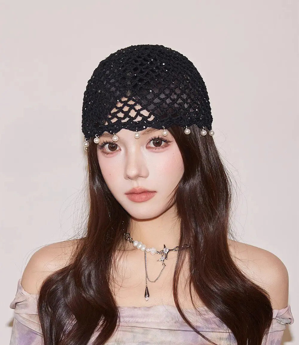 Fashion Hollowed Out Woven Pullover Hats Crochet Breathable Beret Cap Pearl Fringed Retro Beanies Cap for Women Summer Korean