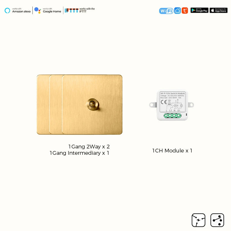 Avoir Tuya Smart Life Home Control Mini Wifi Module Wireless Gold Light Switches 1-4 Gang 2 Way Alexa Rocker Toggle Switch 220V