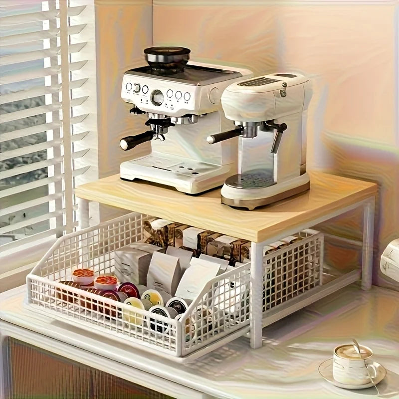 Sturdy Hardwood Space Saving Kitchen Countertop Organizer with Drawer Wire Basket for Coffee Maker