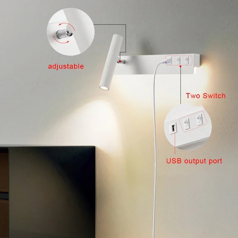 Led Wall Lights With Switch USB Rotatable Adjustable Reading Spotlight Bedroom Bedside Foyer Corridor Indoor Decor Wall Lamp