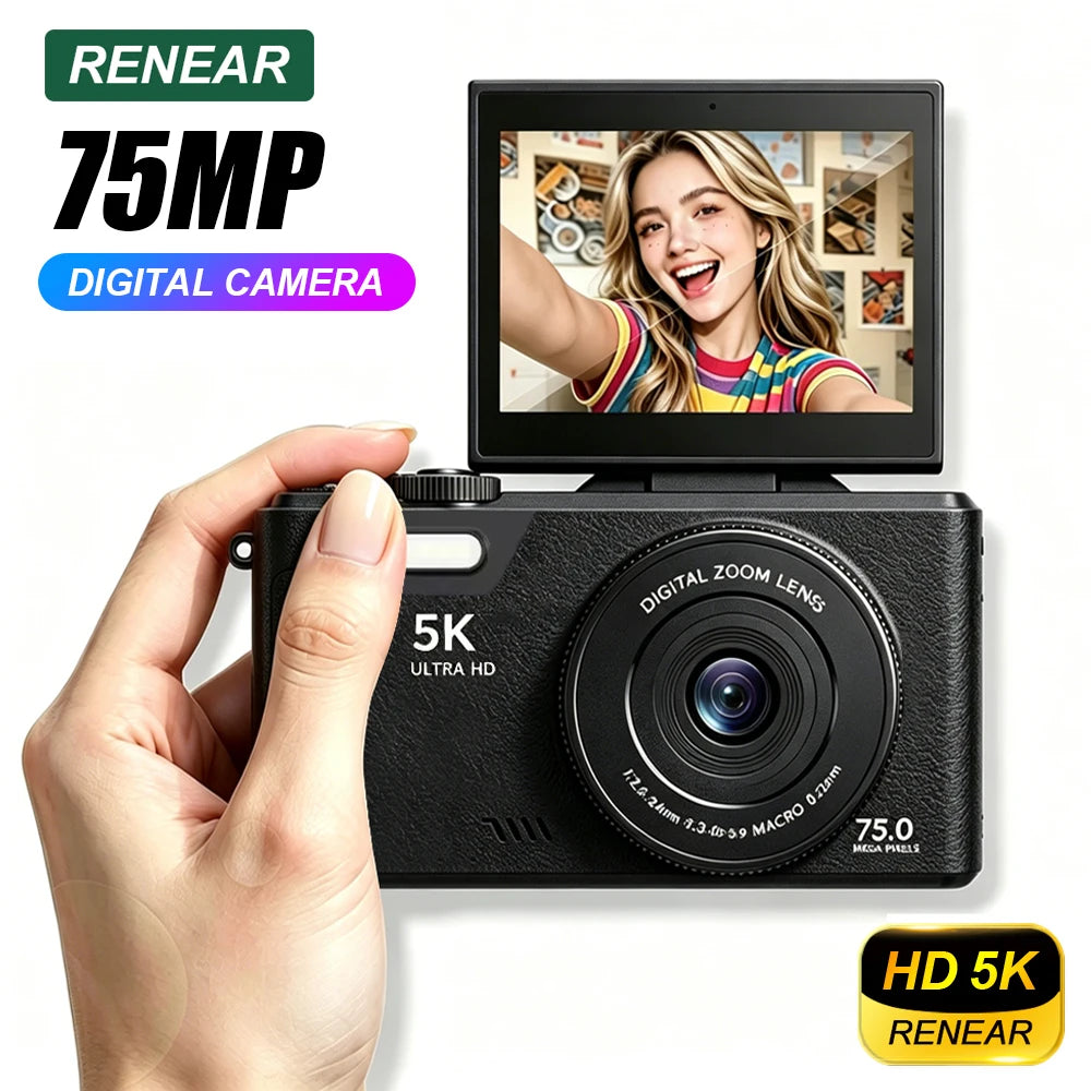 HD 5K Portable Digital Camera 75MP Flip Screen For VLOG Girls Kid Adult Beginners Selfie Camcorder Photography Digital Camera