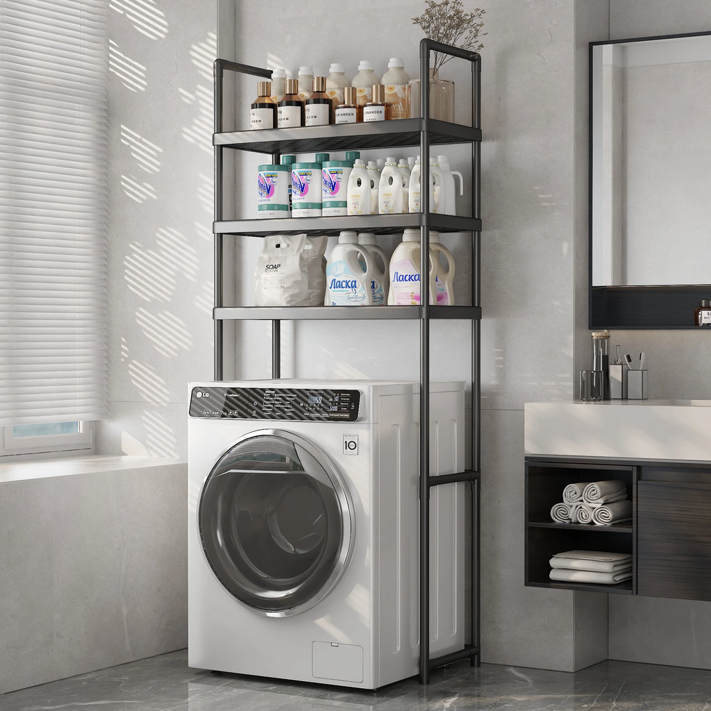 2-3 Tier Expandable Bathroom Storage Rack, Washing Machine Storage Rack Storage Rack Above the Toilet, Easy Installation Without Drilling, Built-In Detachable Storage Rack for Bathroom Essentials, Black Steel Freestanding Sto