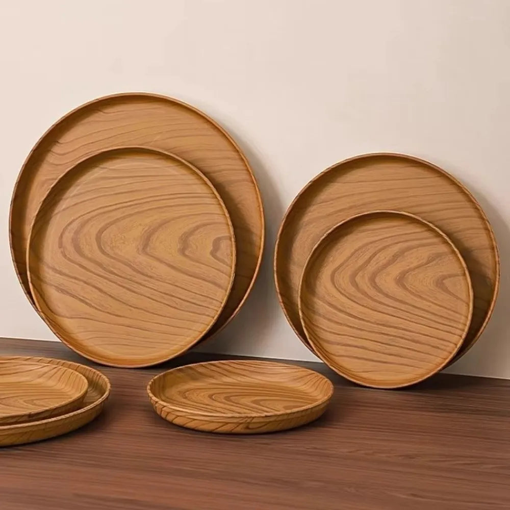 Kitchen Accessories Plastic Wood-Grain Round Tray Imitation Wood Multi-Purpose Tea Tray Dinner Plates Tea Coffee