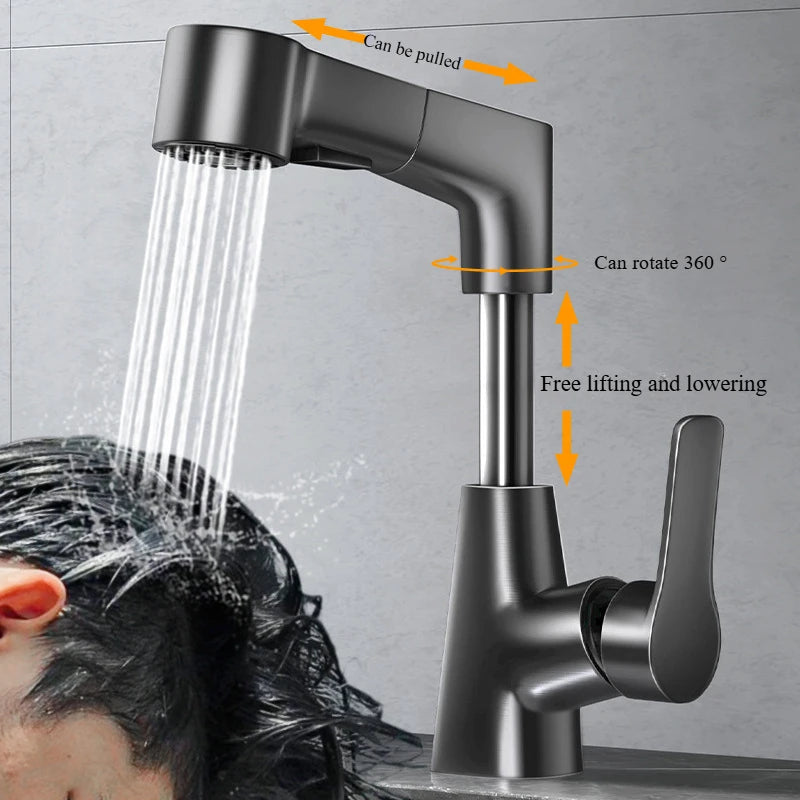 Basin Faucet Bathroom Pull Out Lift Mixer Tap Hot & Cold Water 360° Lift Up and Down Bathroom Sink Faucet