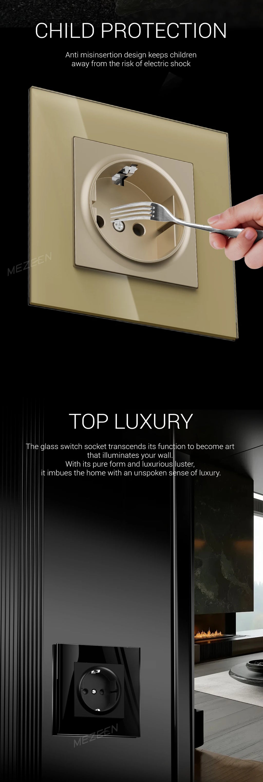 Factory Direct Selling High Quality EU Standard 10 /16Amp Electric Luxury Tempered Glass Light Wall Switch and Socket