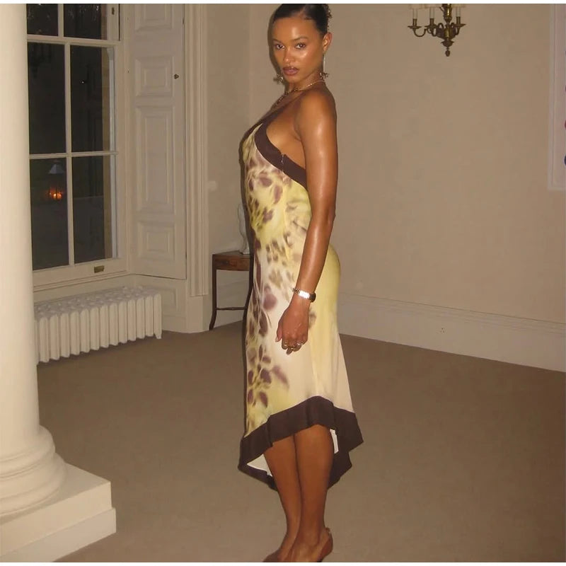 Yellow Brown Tie-Dye Midi Dress Print Halter Neck Open Back Asymmetric Hem Chiffon Dresses 2026 Party Women Fashion Chic Outfit