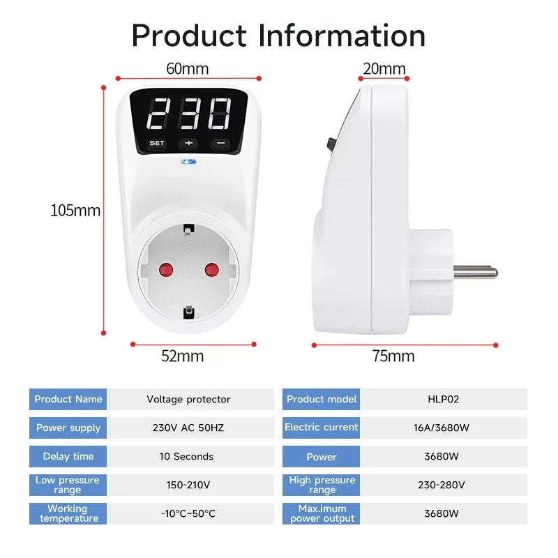 GEYA EU Socket with Voltage Protection Socket Plug AC230V 16A Adjustable Power Surge Protector Automatic Voltage Protector