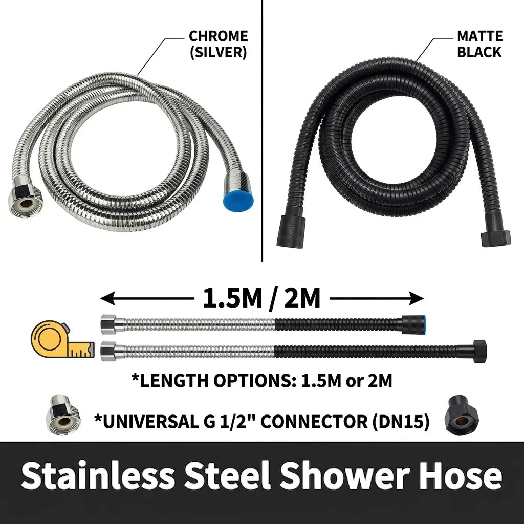 Stainless Steel Shower Hose 1.5M/2M Flexible Chrome Matte Black Universal G1/2 Connector Explosion-proof Bathroom Water Pipe