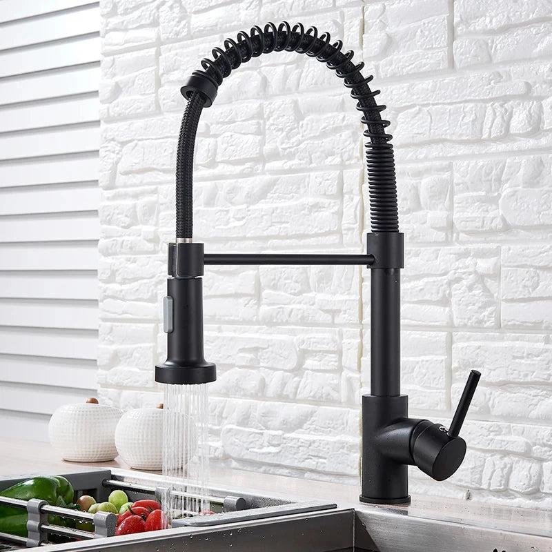 Black kitchen faucet, stainless steel mixer faucet, 360-degree rotating spray nozzle, kitchen sink, hot and cold water faucet.