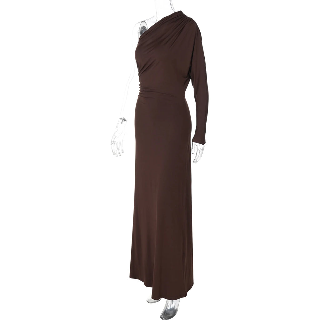 Dulzura One-Shoulder Long Sleeve Slim Fit Ruched Long Dress Women'S Solid Sexy Elegant Clothes Evening Party Club Autumn Clothes