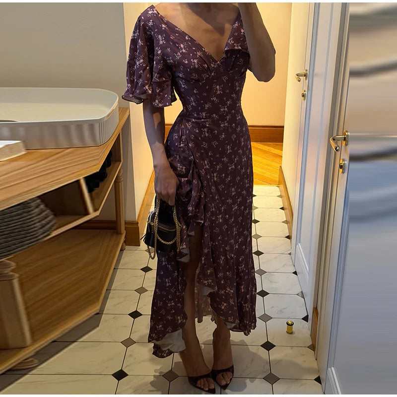Elegant Print Women Long Dress Chic Ruffle Pleated Short Sleeve V-neck Waist-Closed Female Dresses 2026 Summer Beach Lady Robe