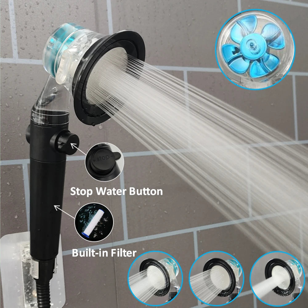 Propeller Pressurized Shower Head High Pressure With Stop Button Filter Water Saving Rainfall Showerhead Bathroom Accessories