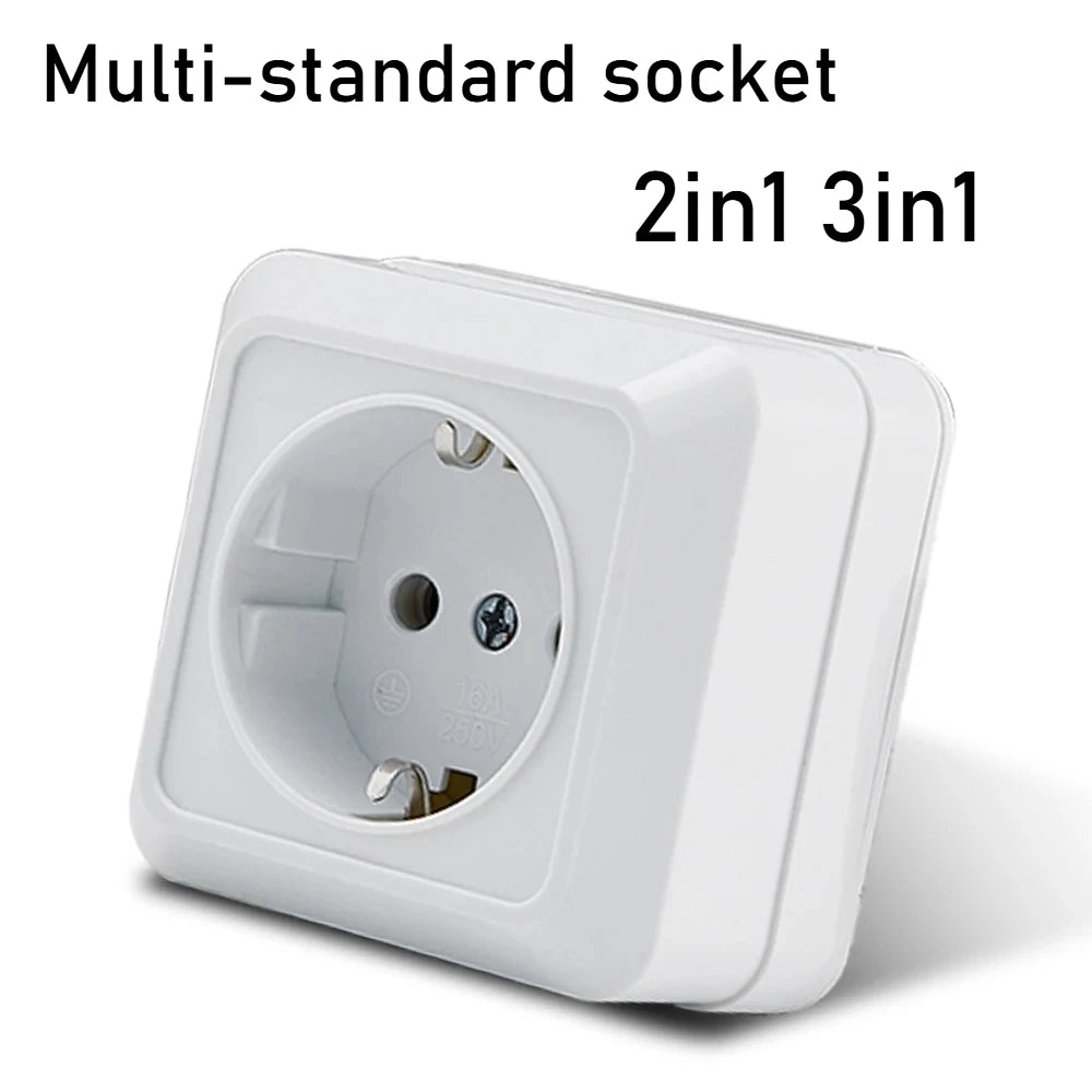 White Wall Mount Socket EU Standard Electrical Outlett Ground Vintage Surface Power Socket Plugs Flame Retardant Plastic