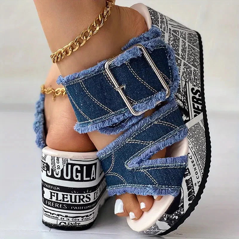 Women Sandals Casual Fashion Vacation Daily Shoes Women Summer New Buckled Denim Platform Wedge Sandals Women Zapatos De Mujer