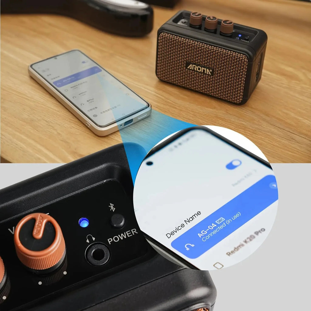 Aroma AG-04 Mini Electric Guitar Amp: Rechargeable Bluetooth Portable Amp (Clean/Overdrive, Headphone Jack)