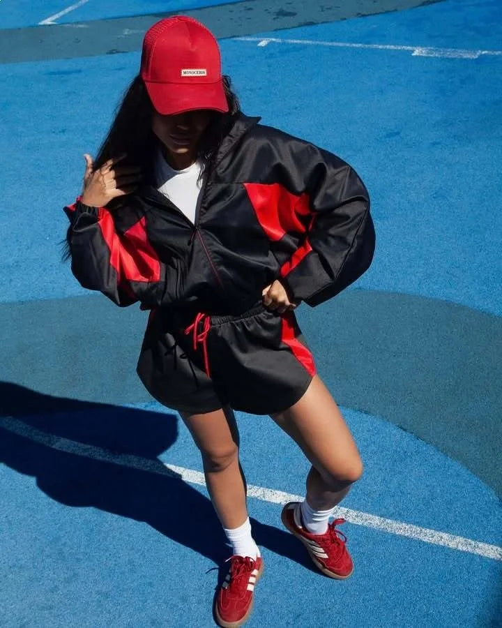 Lady'snavy Chevron Stripe Windbreaker Tracksuit Zip Cropped Jacket Contrast Trim Shorts 2026 Casual Sport Daily Jogging Street