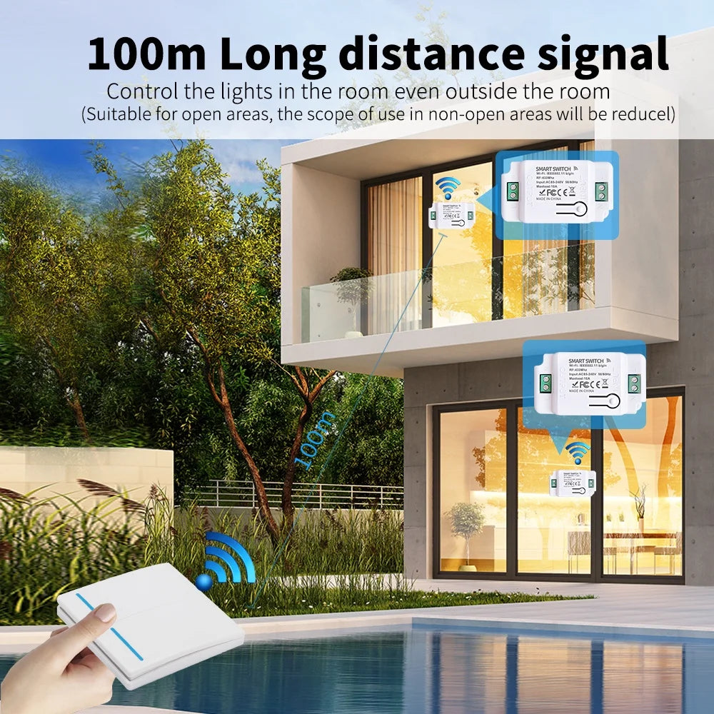Long Distance Smart Tuya Wifi Wireless Switch Black And  White 1/2/3gang RF433 Remote Control Light Switch CR2032 Power Supply