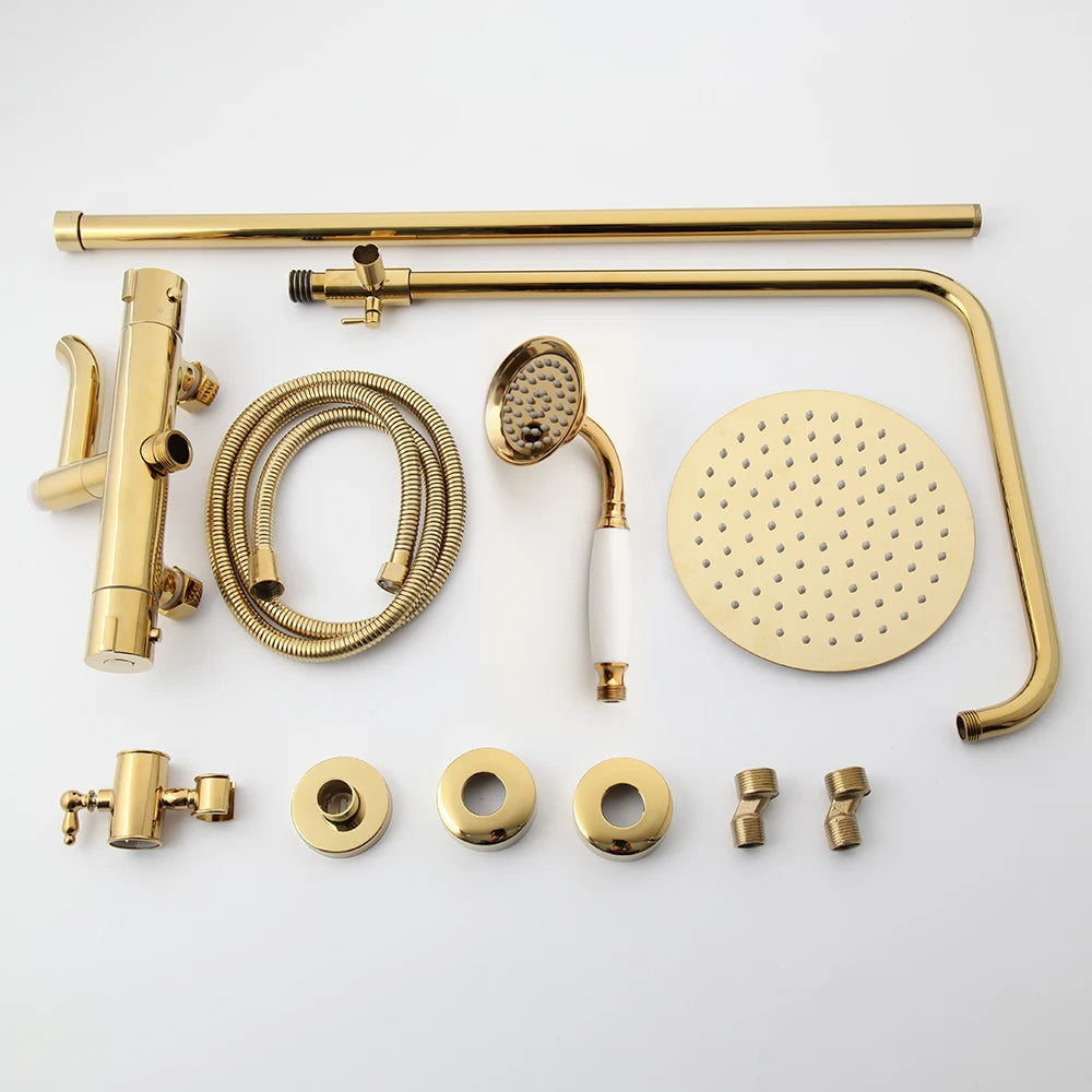 KEMAIDI Bathroom Thermostatic Bathtub Shower Faucet Golden Plated  Rainfall 3 Ways Shower Head Mixer Shower Faucets Set