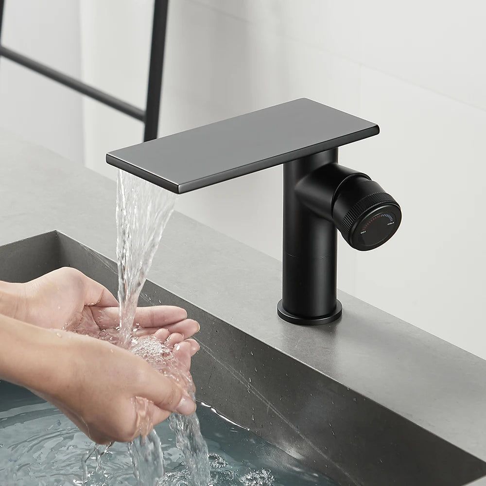Bathroom Waterfall Basin Sink Faucet Black Faucets Brass Bath Faucet Hot&Cold Water Mixer Vanity Tap Deck Mounted Washbasin Tap