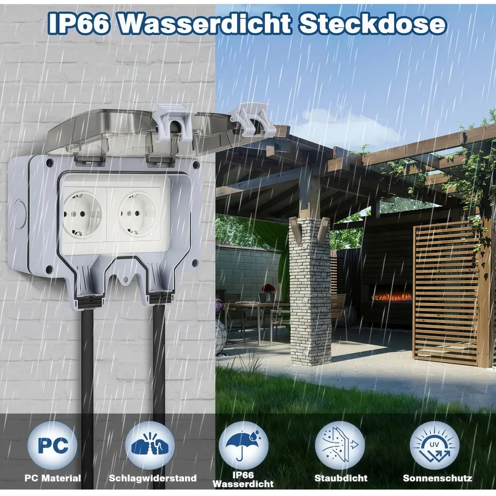 Waterproof Outdoor Socket,Double Power Outlet with Protective Cover ,Dustproof Windproof Socket,Wall-Mounted Garden Power Outlet