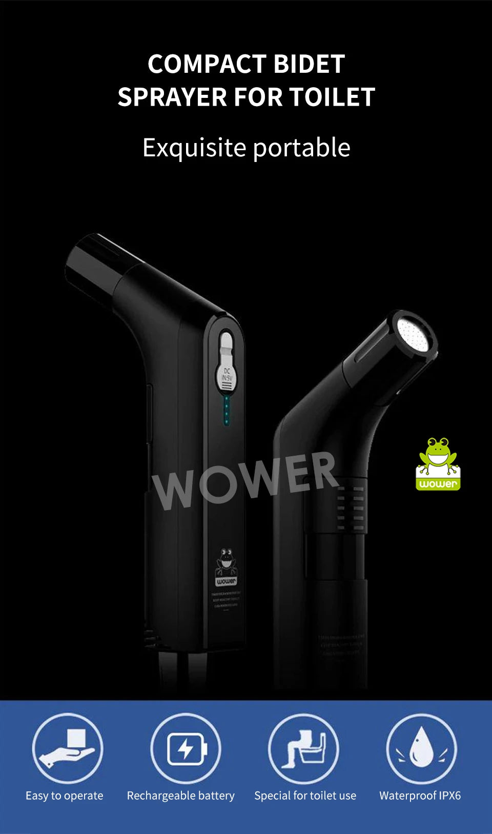 Wower Portable Electric Bidet for Personal Hygiene Cleaning 2.3L Shattaf Rechargeable Travel Camping Bidet Shower Sprayer