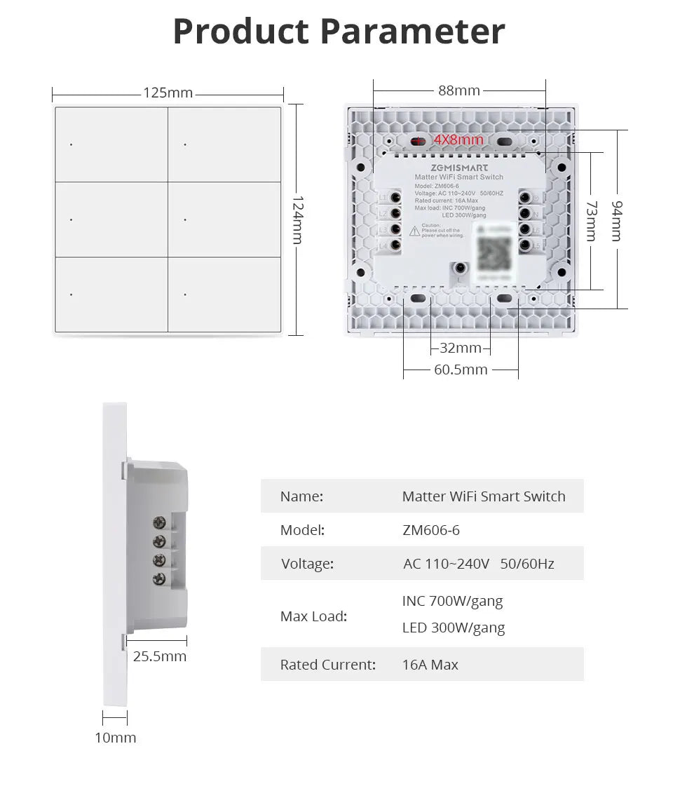 Zemismart Matter WiFi 6 Gangs Smart Wall Light Switch with Neutral 4x4 Push Button Switches SmartThings Homekit App