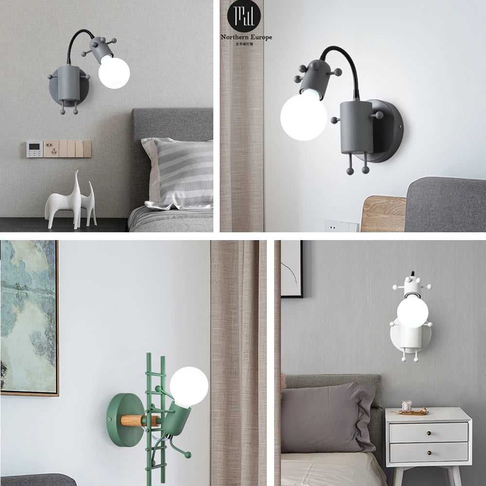 Modern LED  Wall Lamp Nordic Cartoon Doll Wall Lights  American Creative Metal Robot Sconce for Kids Baby Room Living Bedroom