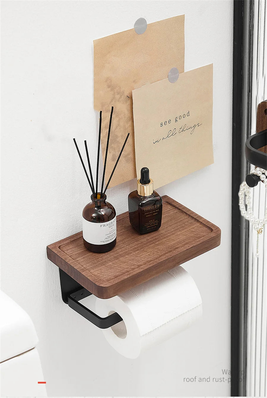 Wooden Toilet Paper Holder With Shelf Wall Mount Rustproof Matte Black Toilet Paper Holder Wall Mount Toilet Paper Roll Holder