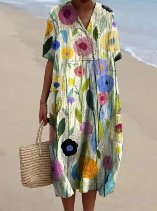 Women Floral Print Summer Maxi Dresses Colorful V Neck Short Sleeve Casual Loose Vacation Workout Beachwear Dress Robe Traf 2025