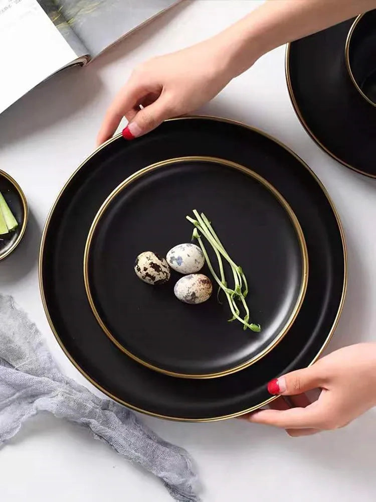 For1/ 4/6/8 Personal Black Porcelain Dinner Plates Set Ceramic Tableware Food Dishes Rice Salad Noodles Bowl Wiht Cutlery Set