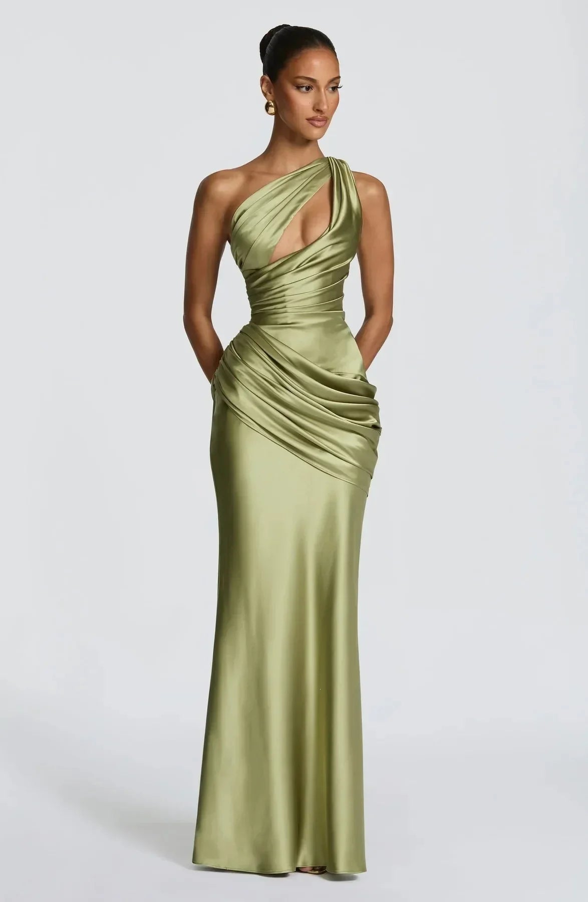 Elegant One Shoulder Satin Long Dress Women Chic Solid Sleeveless Backless Waist Cinching Pleated Dresses  Lady Party Robes New