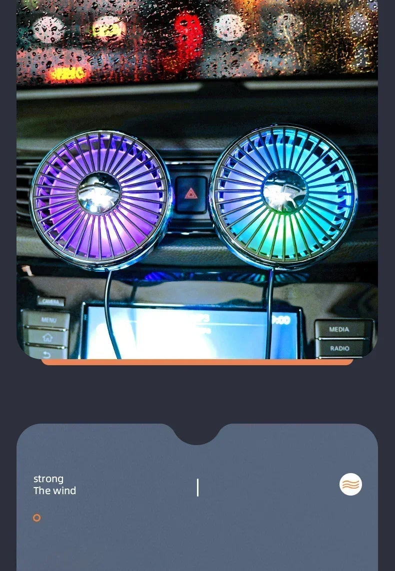Car Air Vent Fan with Colorful Breathing Light USB Powered 3 Speed Wind Cooling Fan 360° Rotatable Quiet Fan Car AC Fans
